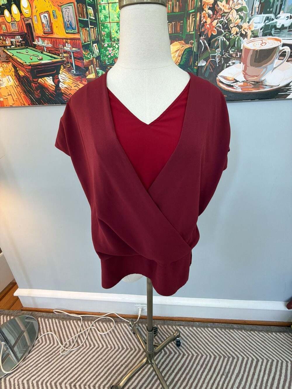 MM.LaFleur Maroon V-Neck Wrap Drape Short Sleeve Blouse